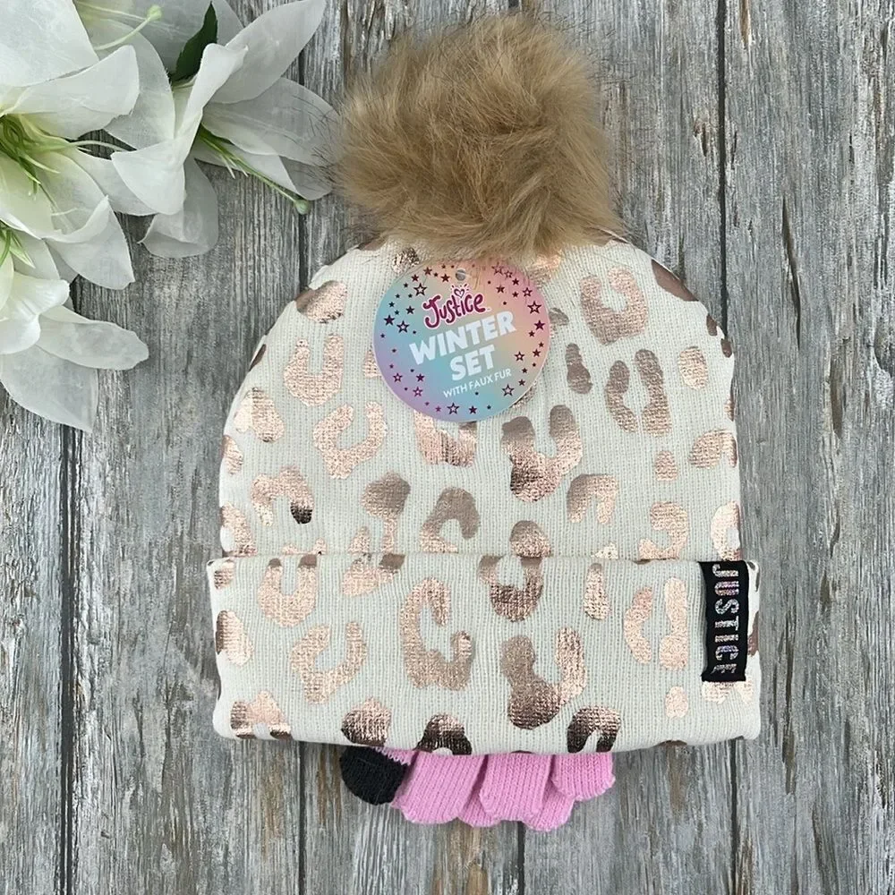 Girls Justice Ribbed & Full Print Winter Cozy Beanie and Gloves 2, 2-Piece Sets